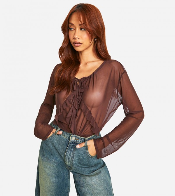 Mesh Frill Front Long Sleeves Top