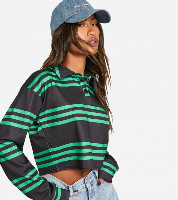Striped Polo Neck Crop Top