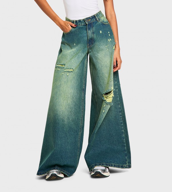 Low Rise Distressed Detail Wide Leg Jeans