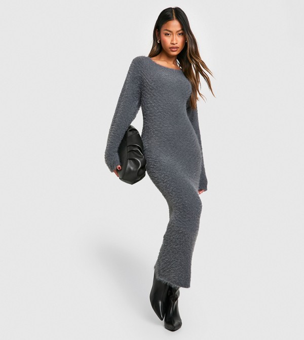 Fluffy Knitted Open Back Maxi Dress