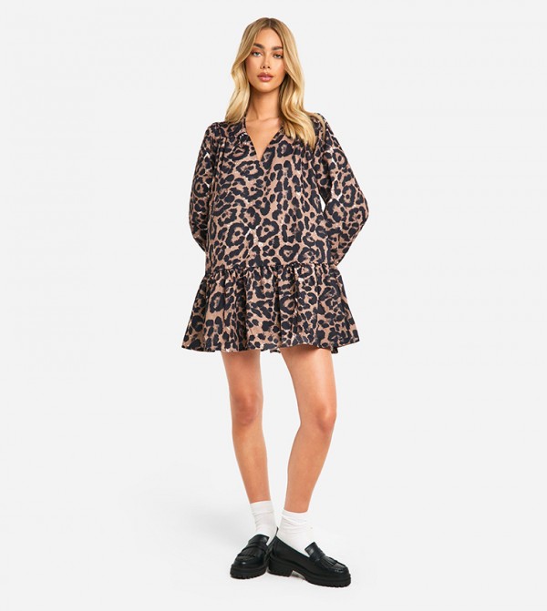 Leopard Print Drop Hem Smock Dress