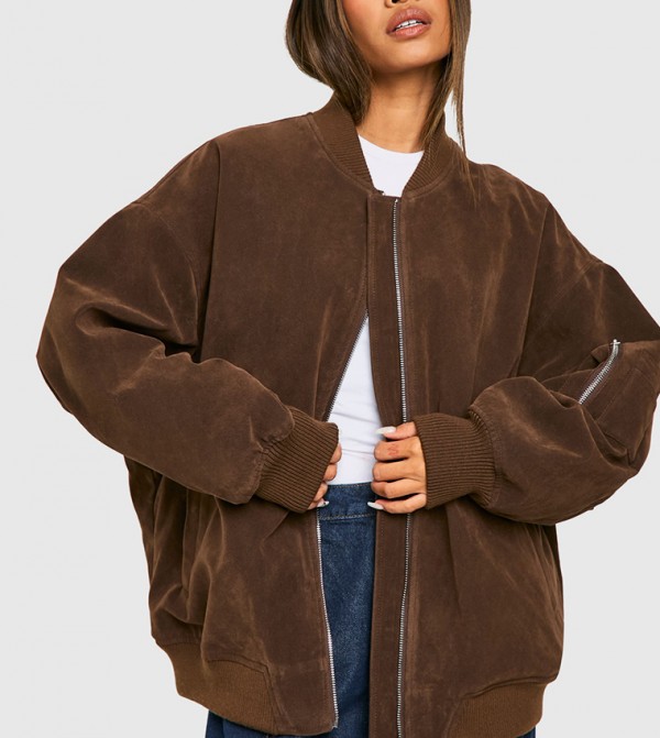 Vintage Suede Look Oversized Bomber Jacket