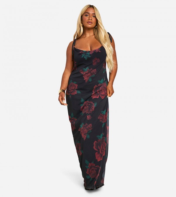 Curve Mesh Rose Floral Tie Cowl Neck Maxi Dress