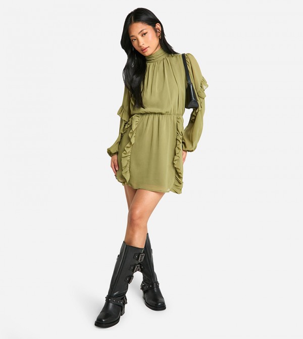 Petite Chiffon High Neck Ruffle Skater Dress