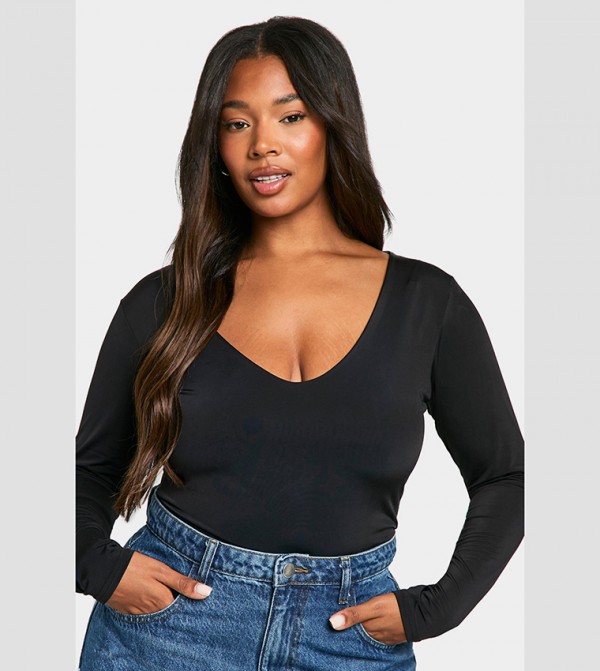 Curve Double Layer Slinky Plunge Bodysuit Top