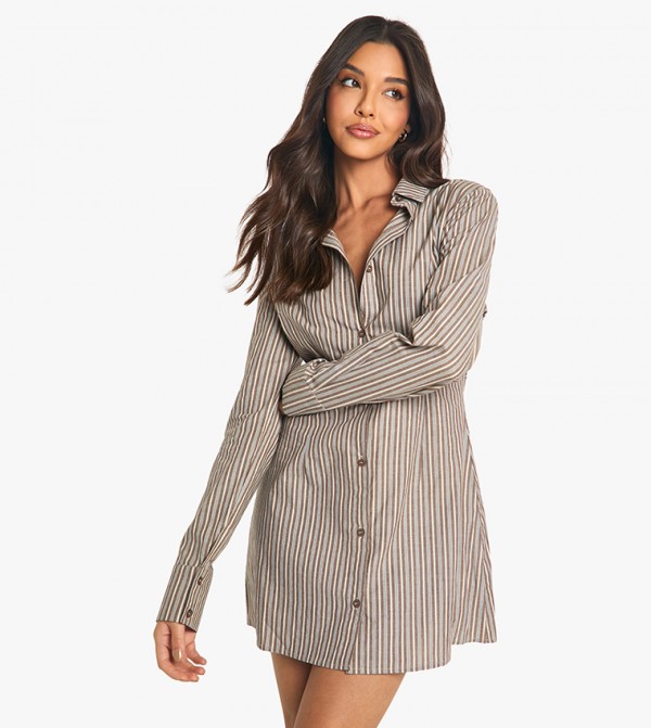 Striped Cinched Waist Fitted Shirt Dress