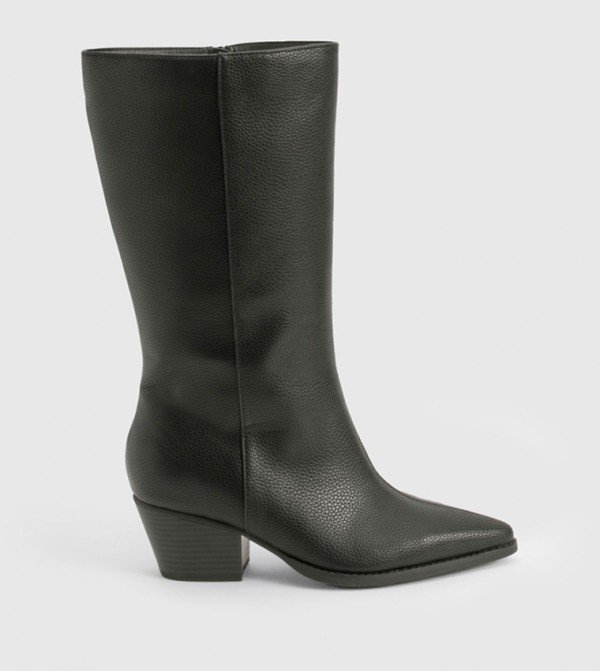 Wide Fit Textured Low Block Calf High Western Boots