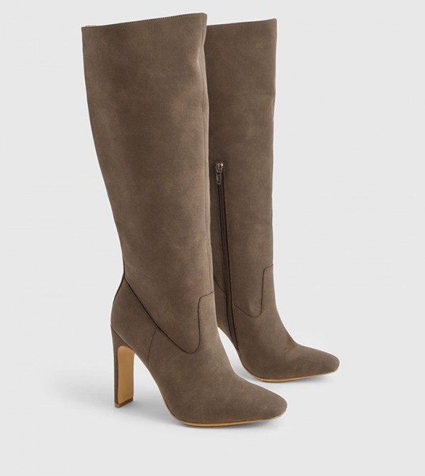 Wide Fit Nubuck Low Heel Knee High Boots