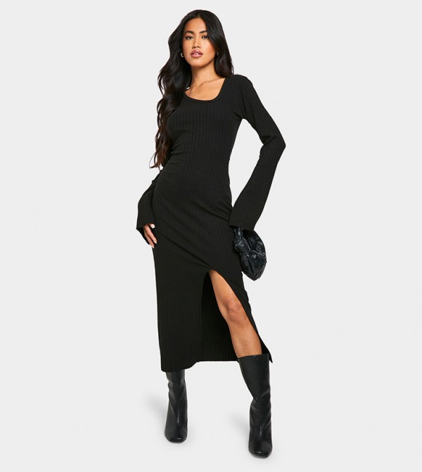 Ribbed Long Sleeves Slit Midaxi Dress