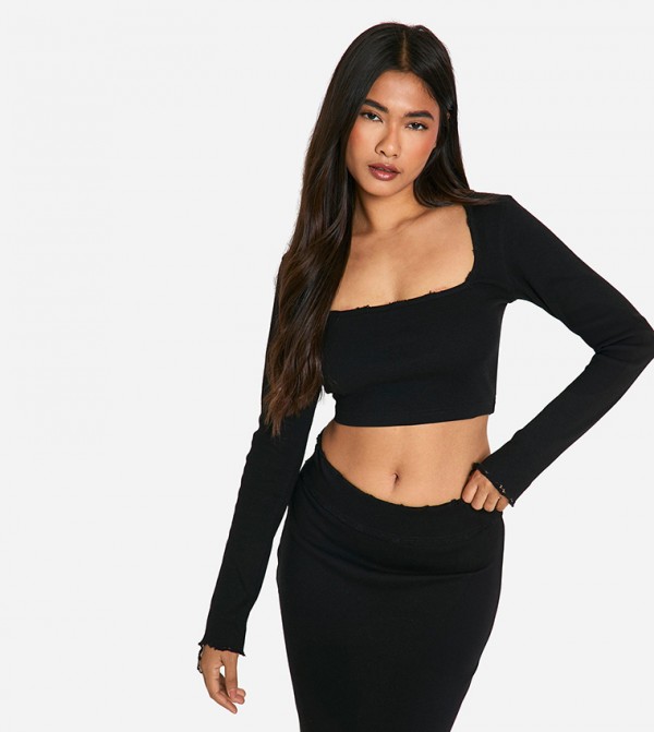 Ribbed Scoop Neck Long Sleeves Top
