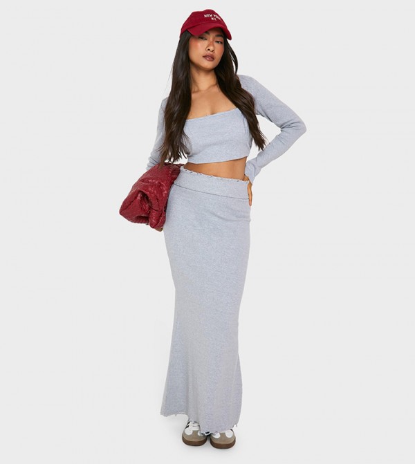 Ribbed Distressed Hem Maxi Skirt