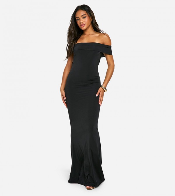 Off Shoulder Ruched Back Slinky Maxi Dress