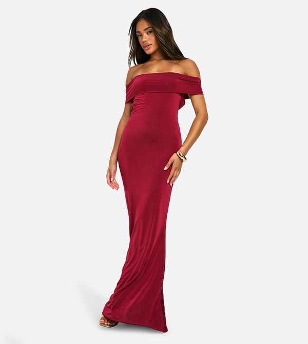 Off Shoulder Ruched Back Slinky Maxi Dress