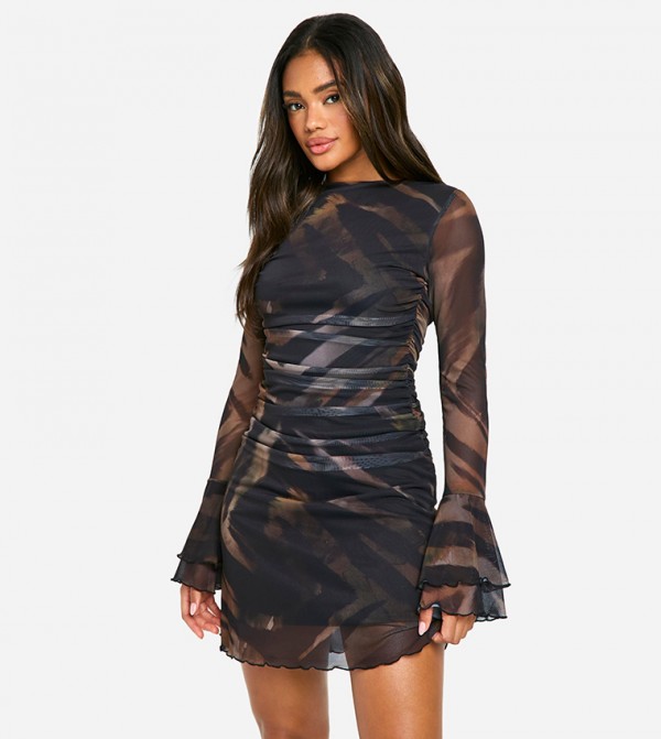 Printed Mesh Flare Sleeves Mini Dress