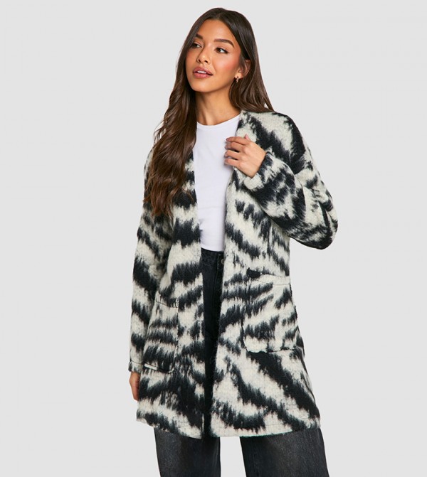 Zebra Patterned Wool Look Coatigan