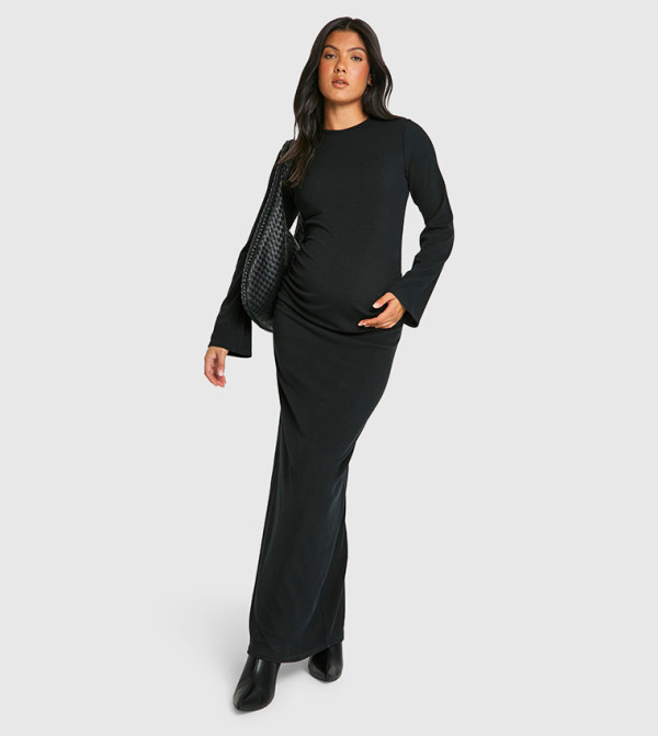 Ribbed Round Neck Flared Sleeves Maternity Maxi Dress