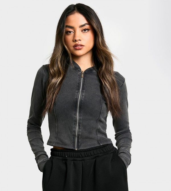Washed Seam Detail Zip-Through Top