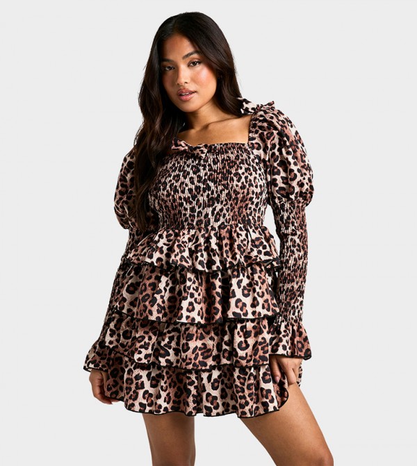 Petite Leopard Print Shirred Tiered Ruffle Skater Mini Dress