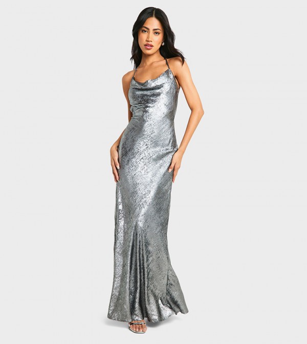 Metallic Strappy Cowl Maxi Dress