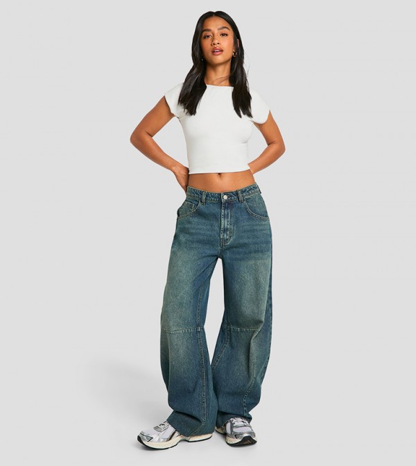 Petite Raw Hem Barrel Leg Jeans