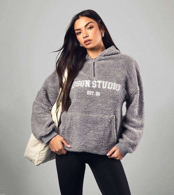 Design Studio Embroidered Borg Half-Zip Hoodie