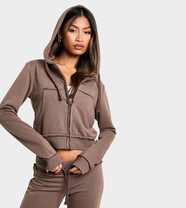 Distressed Detail Shrunken Zip Through Hooded Jacket