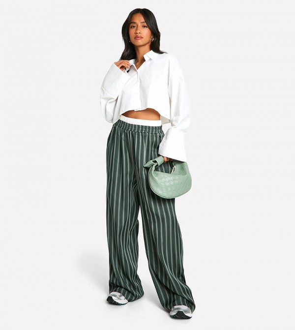 Petite Stripe Contrast Waistband Wide Leg Trousers