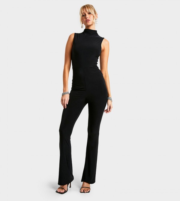 High Neck Flare Leg Double Slinky Jumpsuit