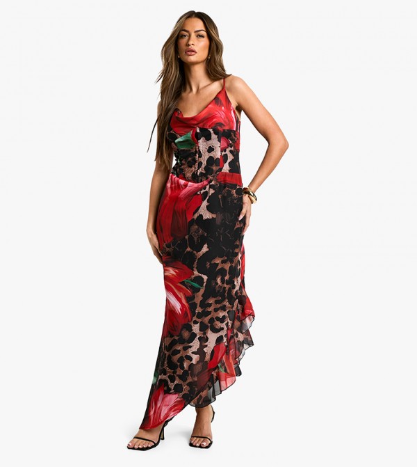 Leopard Floral Mix Chiffon Corset Maxi Dress