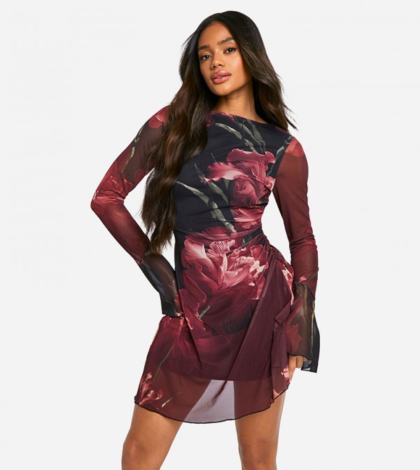 Floral Mesh A Line Mini Dress