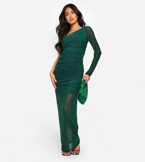 Mesh One Shoulder Ruched Maxi Dress