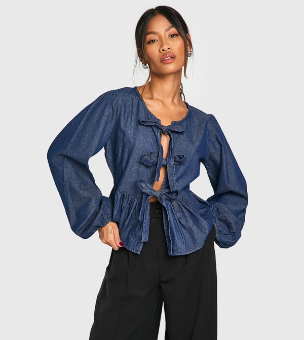 Tie Detail Denim Smock Top