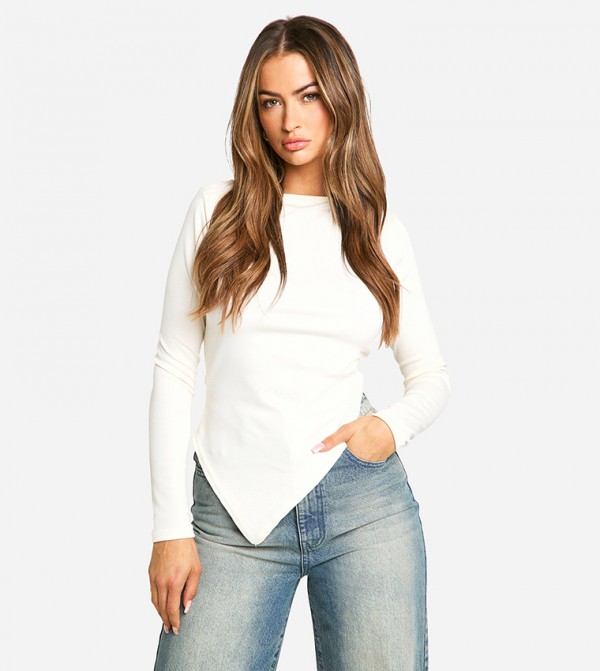 Rib Slash Neck Asymmetric Hem Top