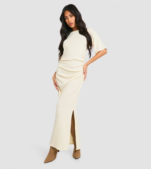 Brushed Ribbed Ruched Maxi Dress