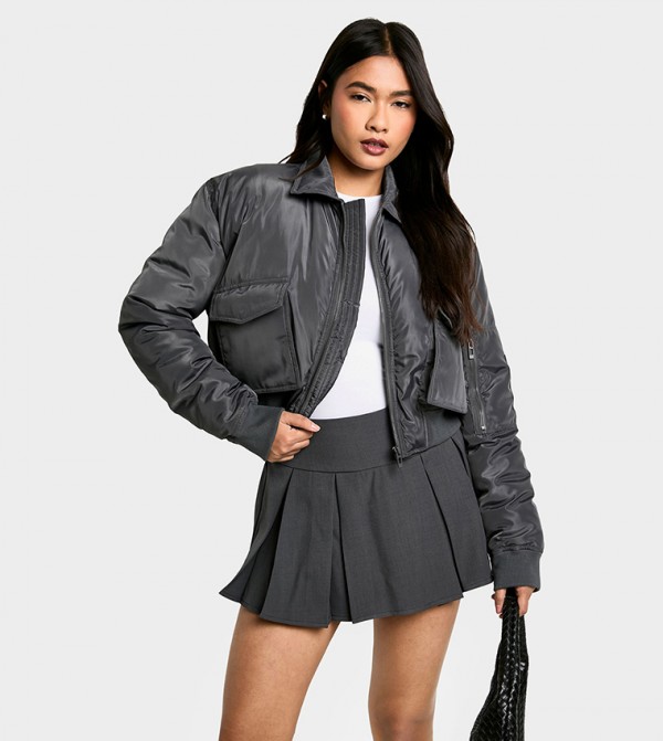 Rib Detail Cropped Bomber Jacket
