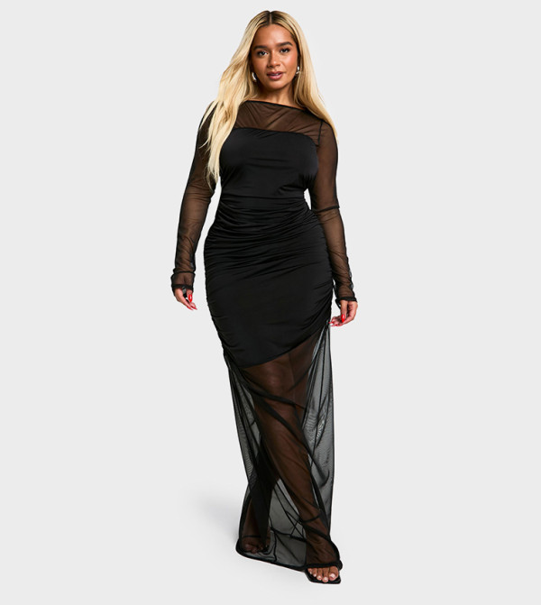 Curve Mesh Ruched Maxi Dress