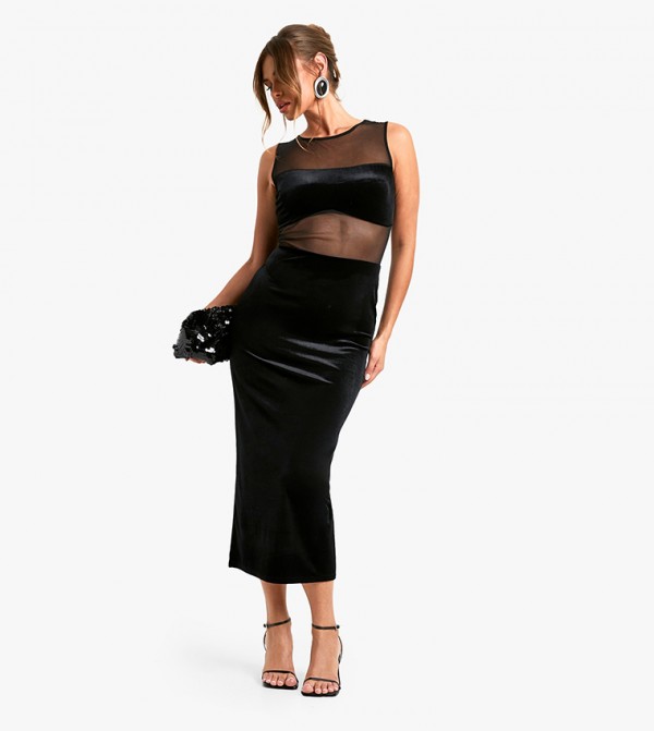 Velvet Sleeveless Mesh Detail Midaxi Dress