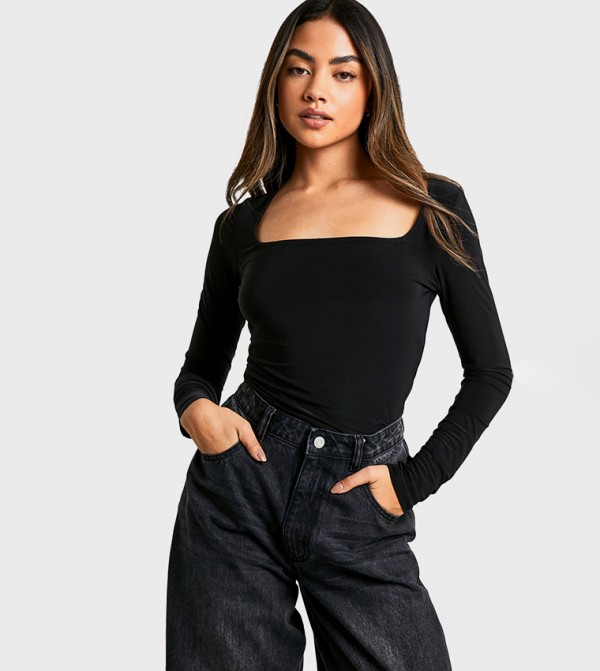 Double Layer Slinky Square Neck Long Sleeves Top