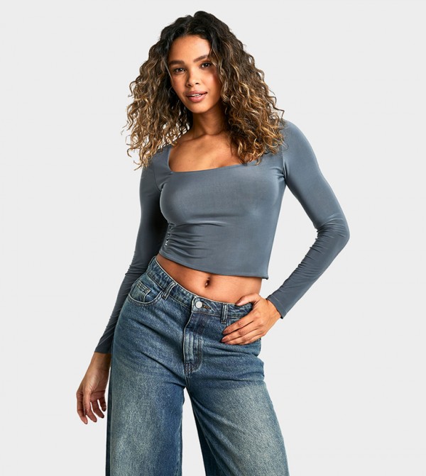 Double Layer Slinky Long Sleeves Crop Top