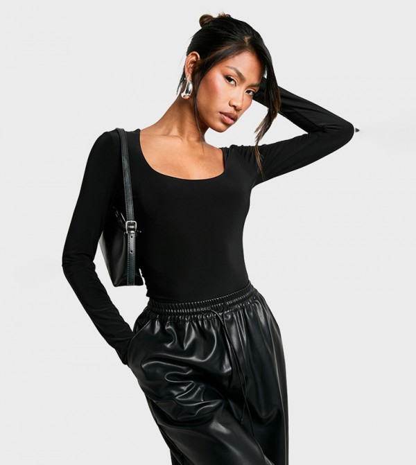 Double Layer Slinky Scoop Neck Long Sleeves Bodysuit