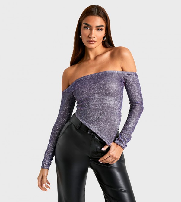 Glittery Bardot Asymmetric Hem Top
