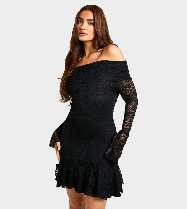 Lace Off Shoulder Flared Sleeves Mini Dress