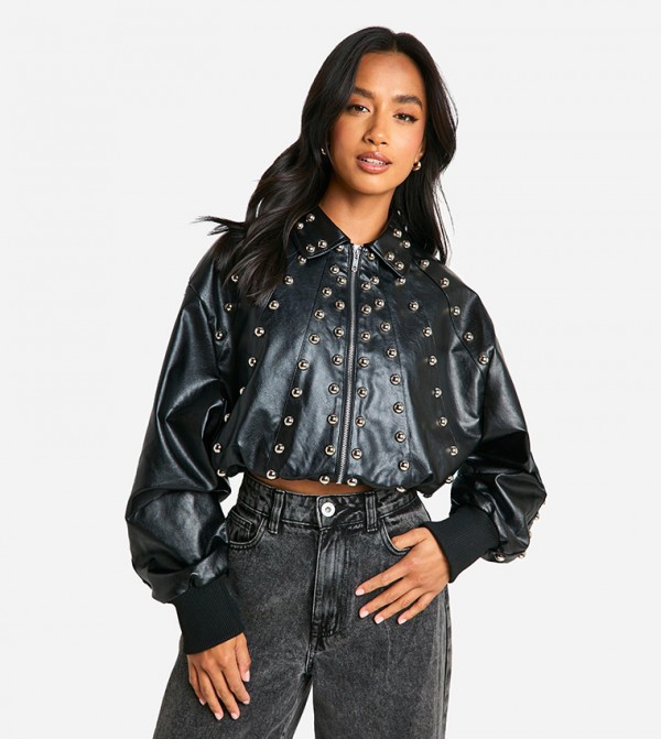 Petite Studded Faux Leather Bomber Jacket