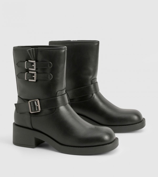 Vintage Style Buckle Detail Biker Boots