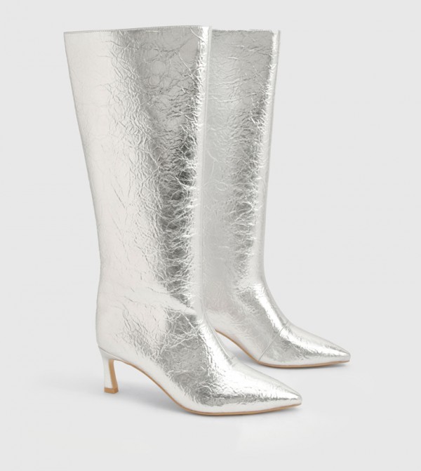 Textured Metallic Column Knee High Boots