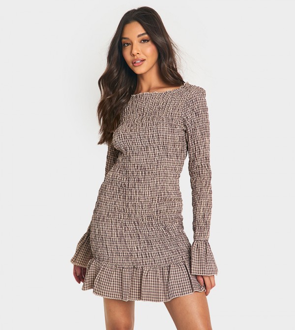 Check Shirred Long Sleeves Mini Dress