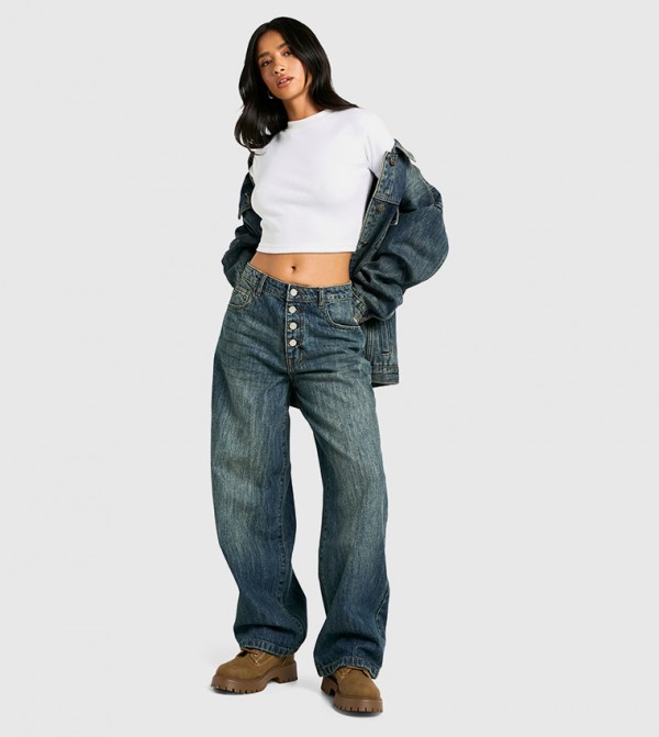 Petite Faded High Waist Baggy Fit Jeans