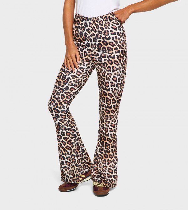 Petite Leopard Print High Waist Basic Fit & Flared Trousers