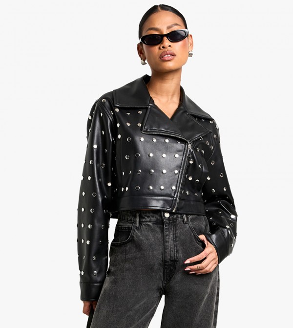 Studded Crop Faux Leather Jacket