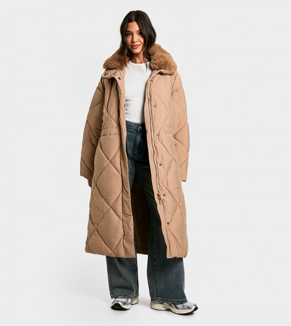 Premium Faux Fur Trim Quilted Maxi Parka Coat